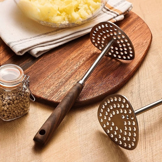 Spacn Heavy Duty 304 Stainless Steel Potato Masher with Ergonomic Wooden Handle - Professional Food & Vegetable Masher for Kitchen, 9.1" x 3.2"