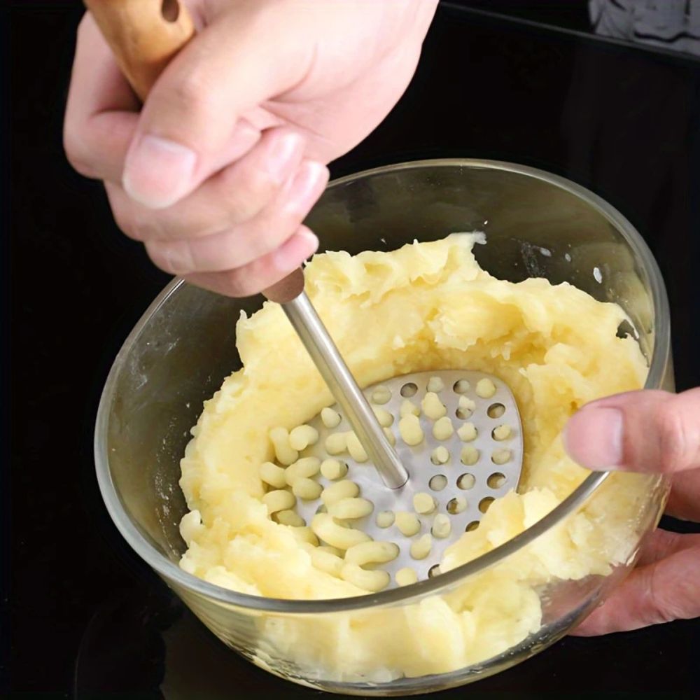 Spacn Heavy Duty 304 Stainless Steel Potato Masher with Ergonomic Wooden Handle - Professional Food & Vegetable Masher for Kitchen, 9.1" x 3.2"
