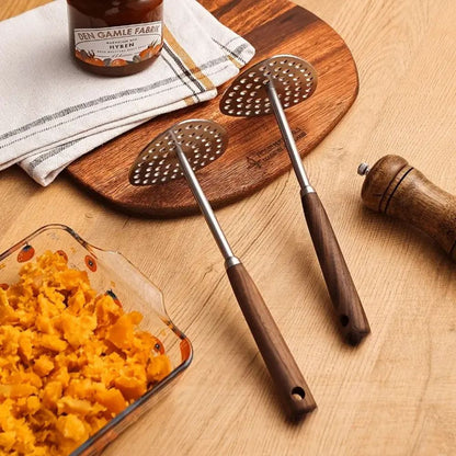 Spacn Heavy Duty 304 Stainless Steel Potato Masher with Ergonomic Wooden Handle - Professional Food & Vegetable Masher for Kitchen, 9.1" x 3.2"