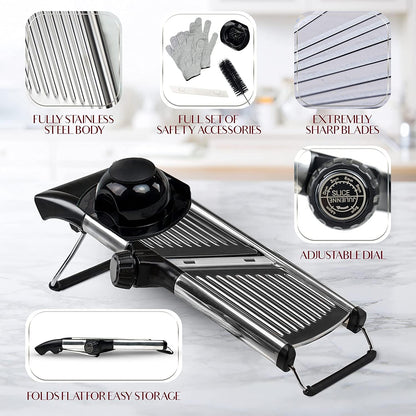 Spacn Adjustable Stainless Steel Mandoline Vegetable Slicer with 4.5mm - 9mm Thickness Dial - Multi-Blade Food Slicer for Kitchen with Safety Guard and Cut-Resistant Gloves