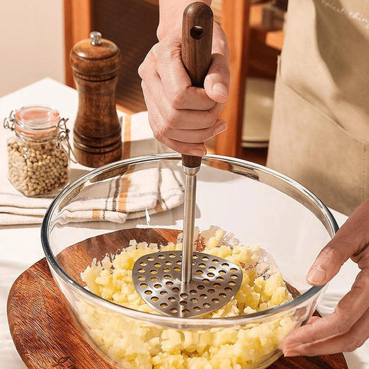 Spacn Heavy Duty 304 Stainless Steel Potato Masher with Ergonomic Wooden Handle - Professional Food & Vegetable Masher for Kitchen, 9.1" x 3.2"