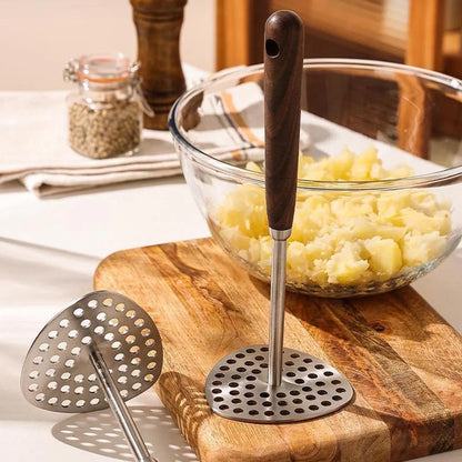 Spacn Heavy Duty 304 Stainless Steel Potato Masher with Ergonomic Wooden Handle - Professional Food & Vegetable Masher for Kitchen, 9.1" x 3.2"